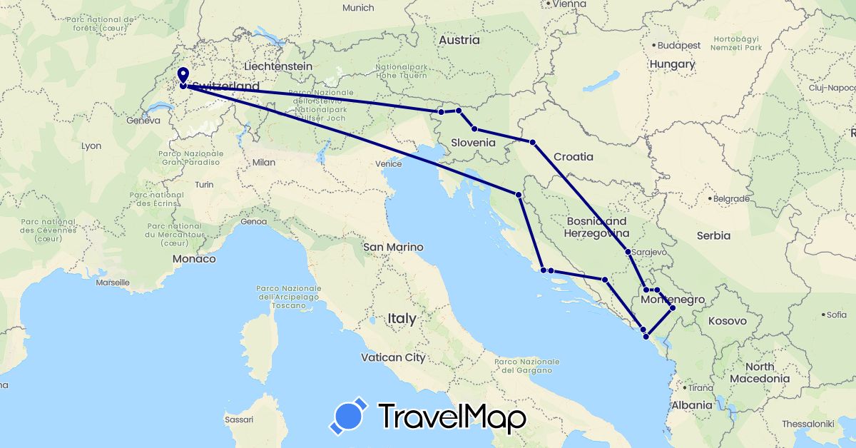 TravelMap itinerary: driving in Bosnia and Herzegovina, Switzerland, Croatia, Montenegro, Slovenia (Europe)