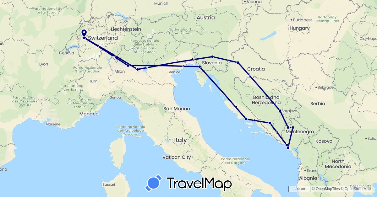 TravelMap itinerary: driving in Bosnia and Herzegovina, Switzerland, Croatia, Italy, Montenegro, Slovenia (Europe)